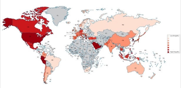 Michigan State University. Mapa mostra o nível de empatia dos países, sendo os vermelhos mais escuros os mais empáticos e os mais claros os menos.